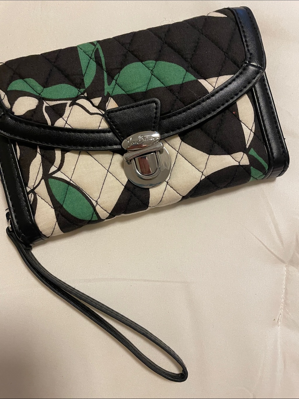 Quilted Wristlet Clutch in Black, Cream & Green